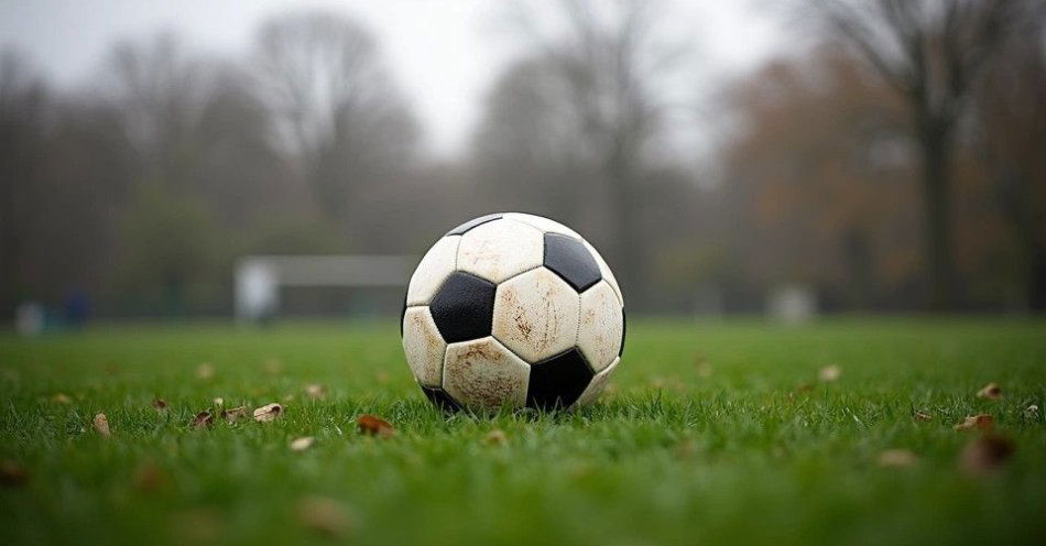 zdjęcie: Janowianka rozgromiła Tur Milejów 6:1 w derbowym meczu IV ligi / Boisko futbolowe z piłka w deszczowy poranek /TMAI