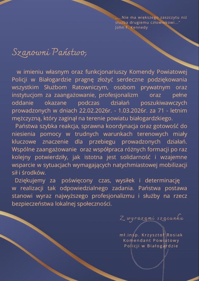 zdjęcie: Podziękowania za wsparcie przy poszukiwaniach zaginionego mężczyzny / fot. KPP w Białogardzie