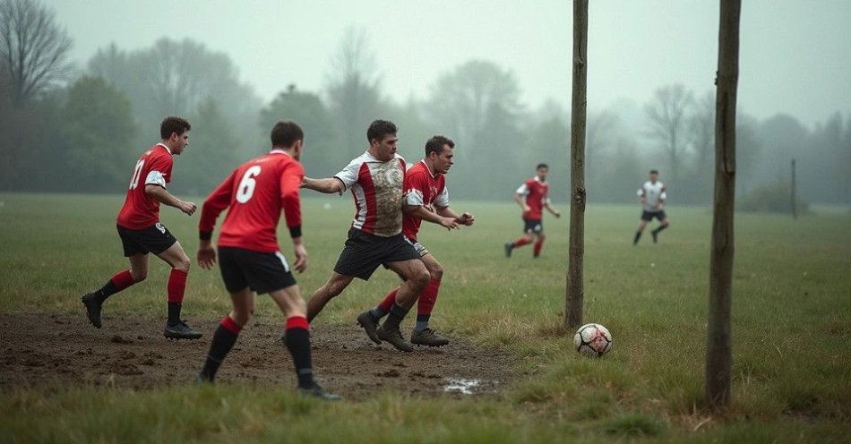 zdjęcie: Runda wiosenna w lidze okręgowej - football amatorski w Raciborzu i okolicach / Amatorski mecz footballowy na błotnistym boisku wiosną w Polsce /TMAI