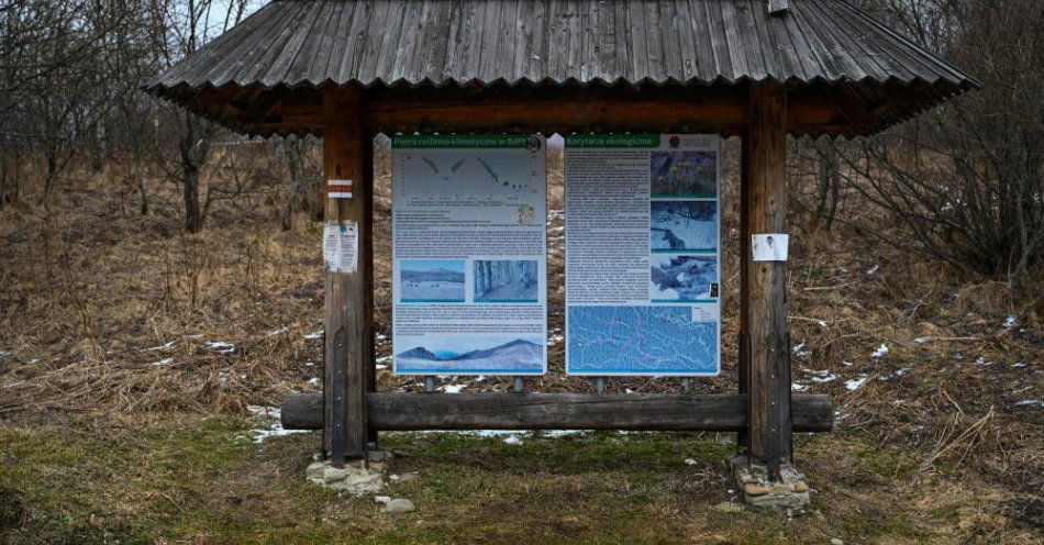 zdjęcie: Bieszczady: wiosenne słońce zachęca do wędrówek, ale szlaki wciąż śliskie / Wołosate, 06.02.2025. Tablice informacyjne w Bieszczadzkim Parku Narodowym w okolicy m. Wołosate, 6 bm. PAP/Darek Delmanowicz