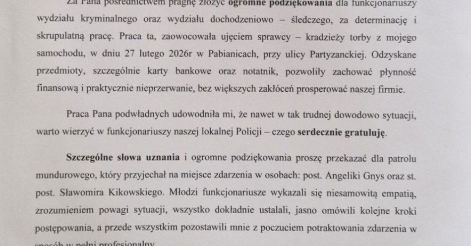 zdjęcie: Mieszkańcy dziękują policji za zatrzymanie sprawcy kradzieży / fot. KPP w Pabianicach