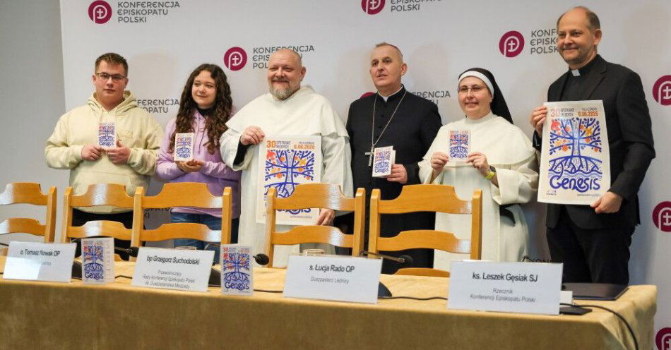 zdjęcie: XXX Spotkanie Młodych Lednica 2000 pod hasłem „Genezis” – 6 czerwca / Warszawa, 20.01.2026. Rzecznik KEP ks. Leszek Gęsiak (P), duszpasterz Lednicy s. Łucja Rado (2P), przewodniczący Rady KEP ds. Duszpasterstwa Młodzieży bp Grzegorz Suchodolski (3P), duszpasterz Lednicy o. Tomasz Nowak (3L) oraz przedstawiciele medialni Lednicy Maksymilian Wrzesień (L) i Ada Zimoląg (2L) podczas konferencji prasowej, 20 bm. w sekretariacie KEP w Warszawie. Konferencja połączona była z prezentacją hasła XXX Spotkania Młodych Lednica 2000 i Festiwalu Życia w Kokotku. (sko) PAP/Alber