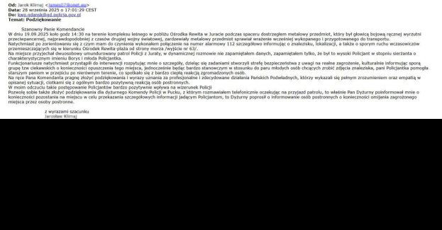 Mieszkaniec dziękuje policjantom za zabezpieczenie niewybuchu w Juracie