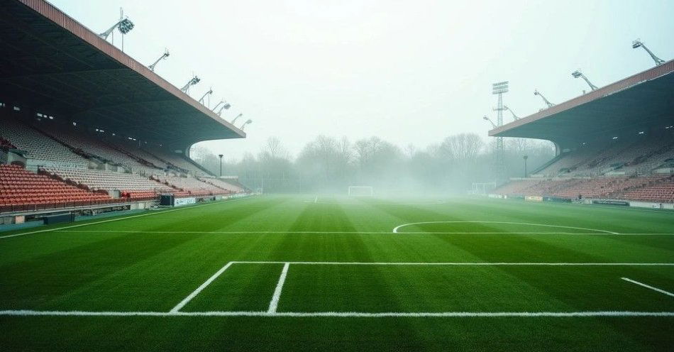 zdjęcie: MKP Gryfice - sportowa ambicja w sercu Zachodniopomorskiego / Pusty stadion piłkarski o poranku, zielone boisko, mgła, ławki drewniane /TMAI