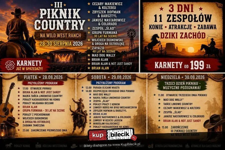 zdjęcie: III PIKNIK COUNTRY NA WILD WEST RANCH - 28-30 sierpnia 2026 Wild West Ranch! / kupbilecik24.pl / III PIKNIK COUNTRY NA WILD WEST RANCH - 28-30 sierpnia 2026 | Wild West Ranch!