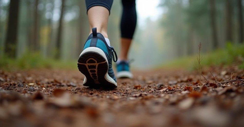 zdjęcie: Otwocka Dycha i Otwocka Piątka - leśne biegi w sercu Mazowieckiego Parku Krajobrazowego / Zbliżenie na buty biegowe na leśnej ścieżce w sosnowym lesie – wiosenny bieg w otoczeniu natury