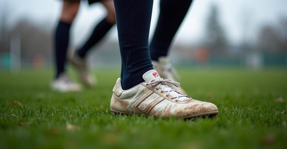 zdjęcie: Wiosenna runda w Łasinie - Piast wraca na boisko / Piłkarskie buty na murawie — symbol wiosennych rozgrywek amatorskich