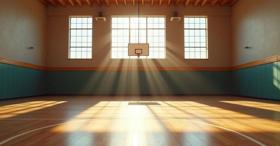 zdjęcie: VI Gala Sportu Gminy Nidzica: nagrody dla najlepszych sportowców regionu / Wnętrze hali sportowej, naturalne światło, drewniana podłoga. Generowane AI.