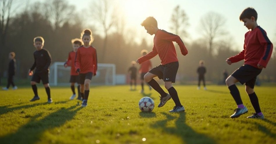 zdjęcie: Start Namysłów i kluby sportowe — bogata oferta dla mieszkańców / Dzieci trenujące piłkę nożną na trawiastym boisku, płytka głębia ostrości, ziarno filmowe, naturalne światło dzienne /TMAI
