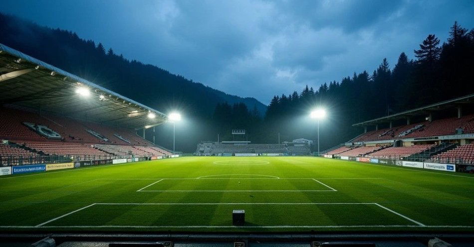 zdjęcie: MKS Babia Góra Sucha Beskidzka — ponad wiek sportowej tradycji / Stadion sportowy w beskidzkiej miejscowości, wieczorna atmosfera, reflektory, drewniane ławki /TMAI