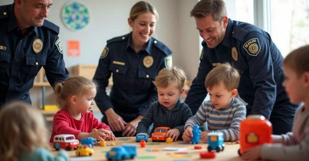 Tata w mundurze uczy przedszkolaków bezpieczeństwa