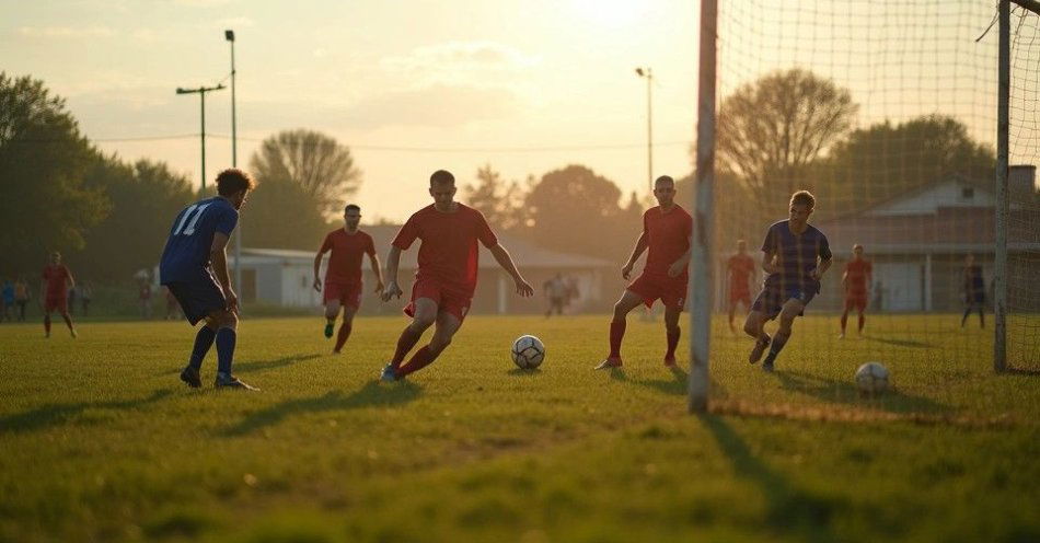 zdjęcie: Kluby sportowe i infrastruktura sportowa w Ustrzykach Dolnych / Boisko sportowe w małej miejscowości, naturalne oświetlenie popołudniowe, film grain /TMAI