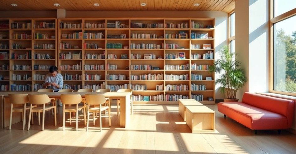 zdjęcie: Biblioteka w Przasnyszu z przewijakiem dla najmłodszych / Wnętrze biblioteki z półkami na książki i miejscem dla rodzin z dziećmi /TMAI