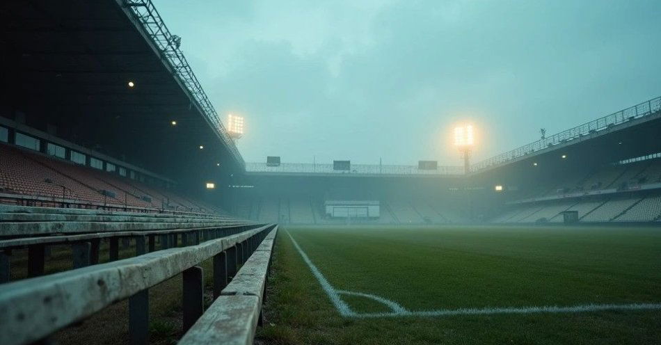 zdjęcie: Sandecja Nowy Sącz - ponad wiek sportowej tradycji nad Dunajcem / Empty football stadium with floodlights at dusk, shallow depth of field, film grain /TMAI