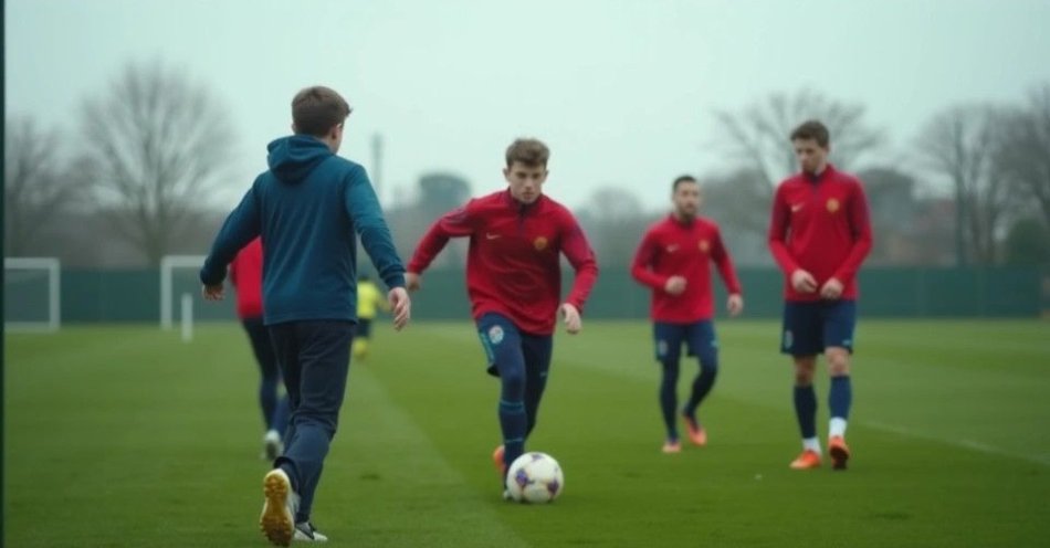 zdjęcie: Mława - miasto z piłkarską pasją / Trening piłkarski na boisku trawiastym, zawodnicy w strojach sportowych, naturalne oświetlenie