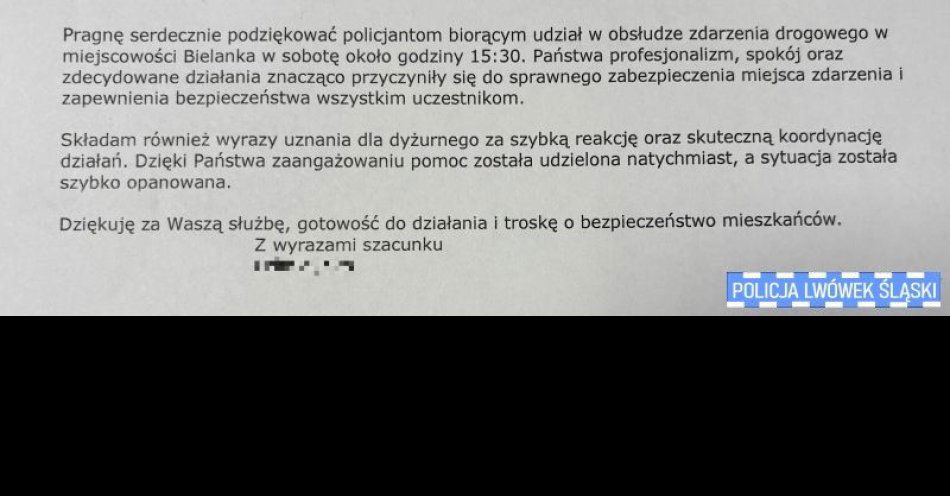 zdjęcie: Podziękowania dla lwóweckich policjantów po zdarzeniu w Bielance / fot. KPP w Lwówku Śląskim