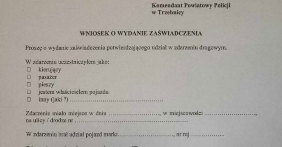 zdjęcie: Wniosek o wydanie zaświadczenia / fot. KPP w Trzebnicy