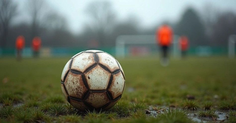 zdjęcie: Kujawianka Izbica Kujawska zremisowała z Czarnymi Wierzchosławice 2:2 / Piłka na błotnistym boisku podczas meczu ligowego