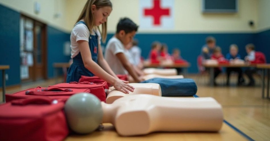 zdjęcie: Uczniowie powiatu olsztyńskiego rywalizują w pierwszej pomocy / Zajęcia z pierwszej pomocy w sali gimnastycznej szkoły podstawowej