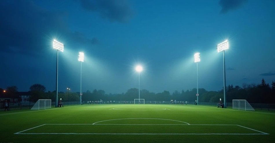 zdjęcie: Cztery maszty LED na boisku przy ul. Sportowej w Choszcznie / Boisko piłkarskie o zmierzchu z nowoczesnym oświetleniem LED /TMAI