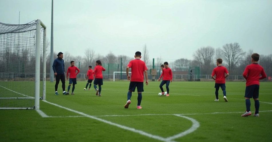 zdjęcie: Górnik Konin - ponad pół wieku tradycji piłkarskiej / Sesja treningowa drużyny footballowej na boisku trawiastym, pochmurne popołudnie, młodzi zawodnicy w czerwonych strojach ćwiczą pod okiem trenera, metalowe bramki, białe linie na murawie, drzewa w tle /TMAI