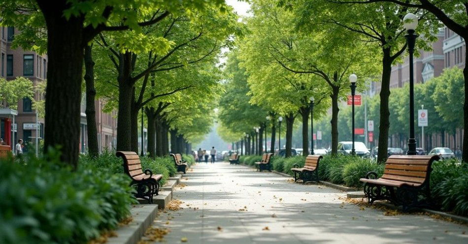 zdjęcie: Oleśnica zachęca do udziału w Planie Adaptacji do zmian klimatu / Zielony park miejski z ławkami i drzewami, płytka głębia ostrości, ziarno filmowe, naturalne oświetlenie /TMAI