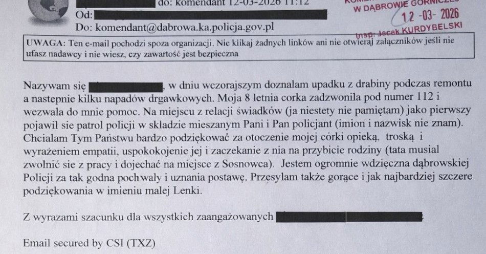 zdjęcie: 8 letnia dziewczynka wezwała 112 i pomogła uratować matkę / fot. KMP w Dąbrowie Górniczej