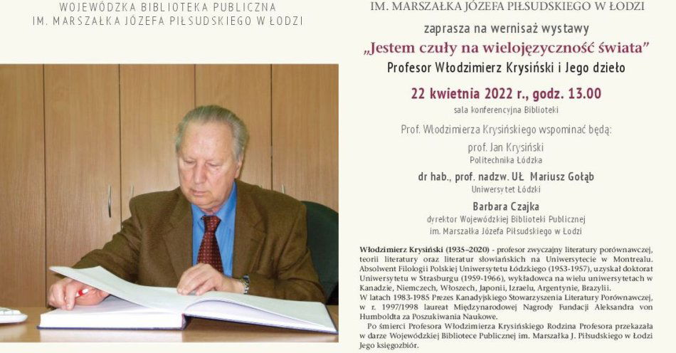 zdjęcie: Zaproszenie na wernisaż wystawy Jestem czuły na wielojęzyczność świata. Profesor Włodzimierz Krysiński i Jego dzieło / fot. nadesłane