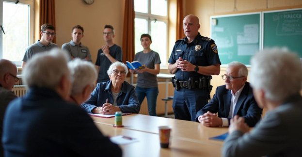 Seniorzy i policjant uczą się bezpieczeństwa na drodze