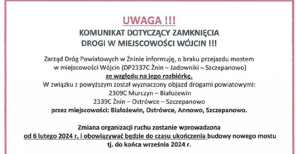 zdjęcie: Od 6 lutego 2024 roku zmiana organizacji ruchu w Wójcinie / fot. KPP w Żninie