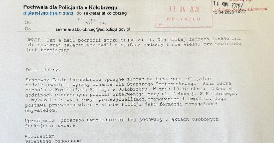 zdjęcie: Słowa uznania dla policjantów z Kołobrzegu / fot. KPP w Kołobrzegu