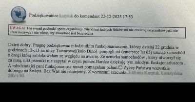 Podziękowania dla policjantów ze Szczytna po awarii na drodze